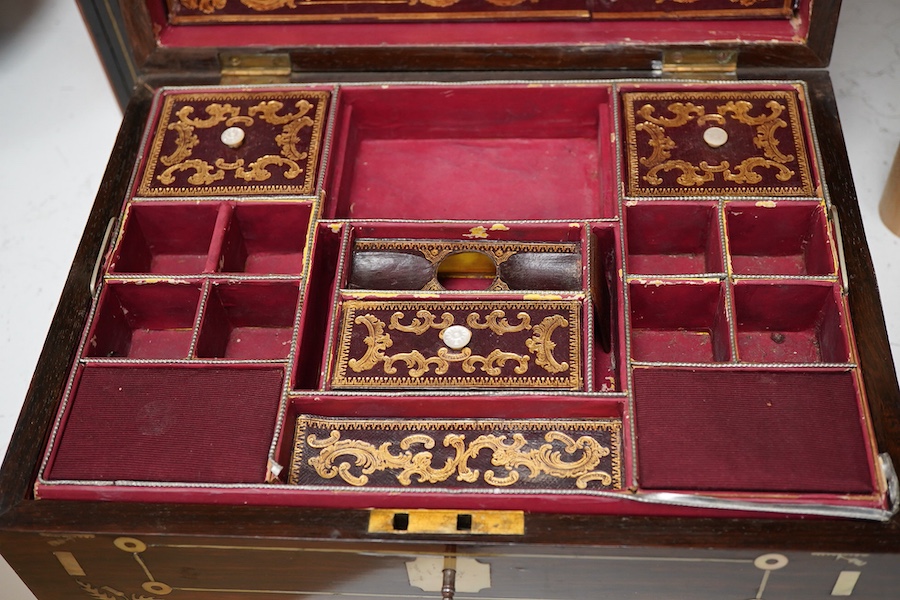 An early Victorian rosewood mother of pearl inlaid work box and burr walnut with slope